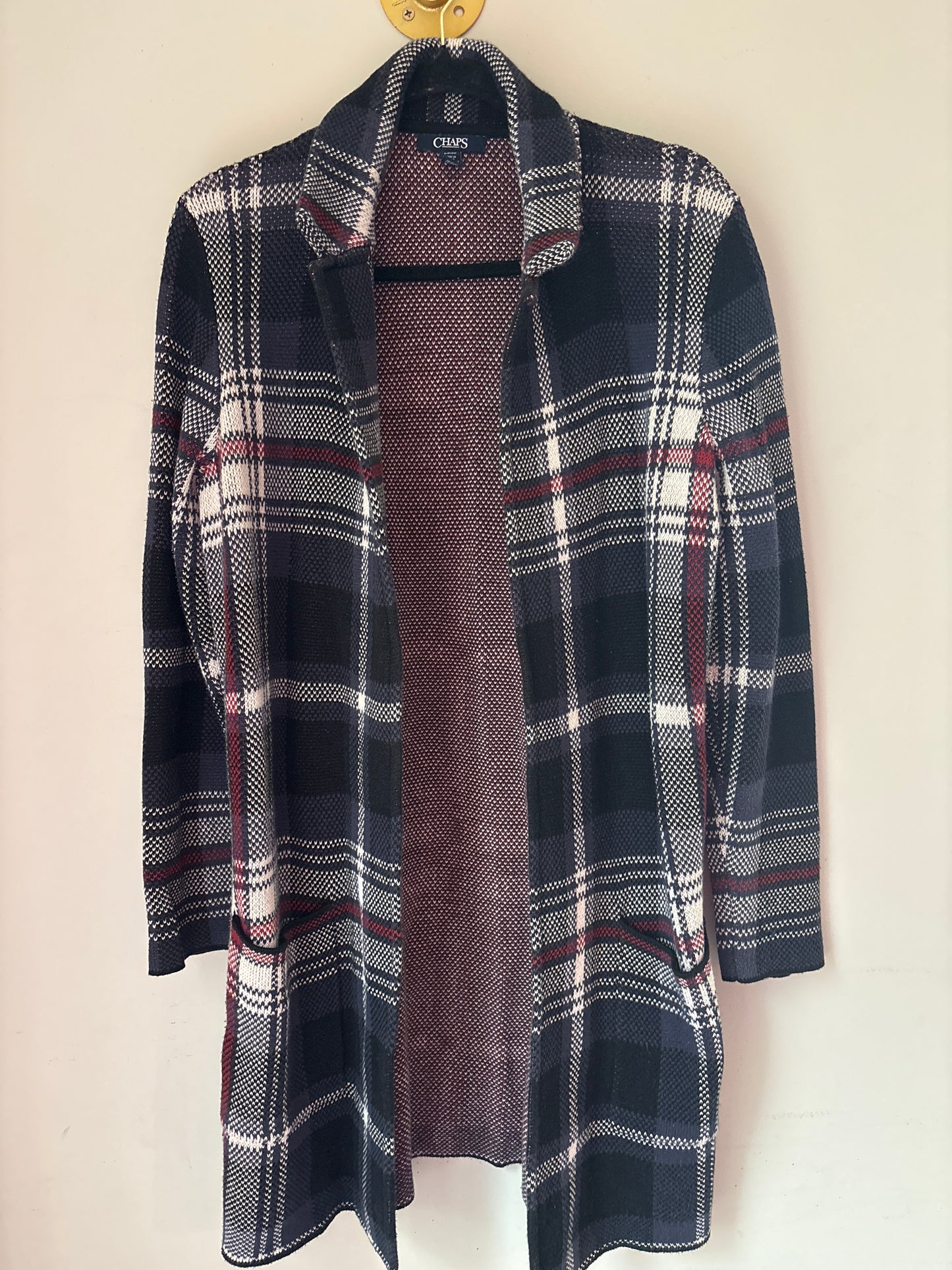 S Chaps Navy Red Plaid Women's Open Sweater Jacket