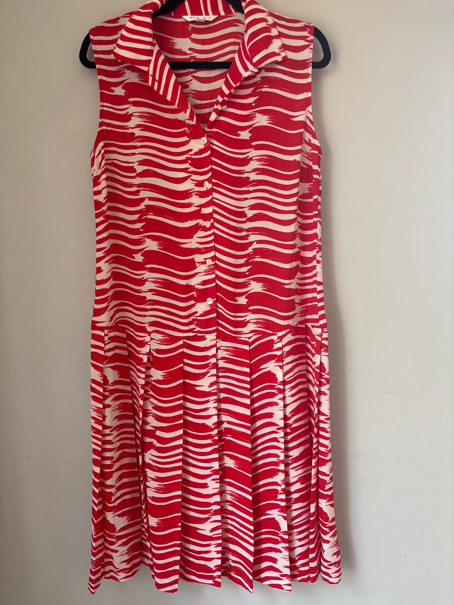 M Cabi Red + White Pleats Drop Waist Dress