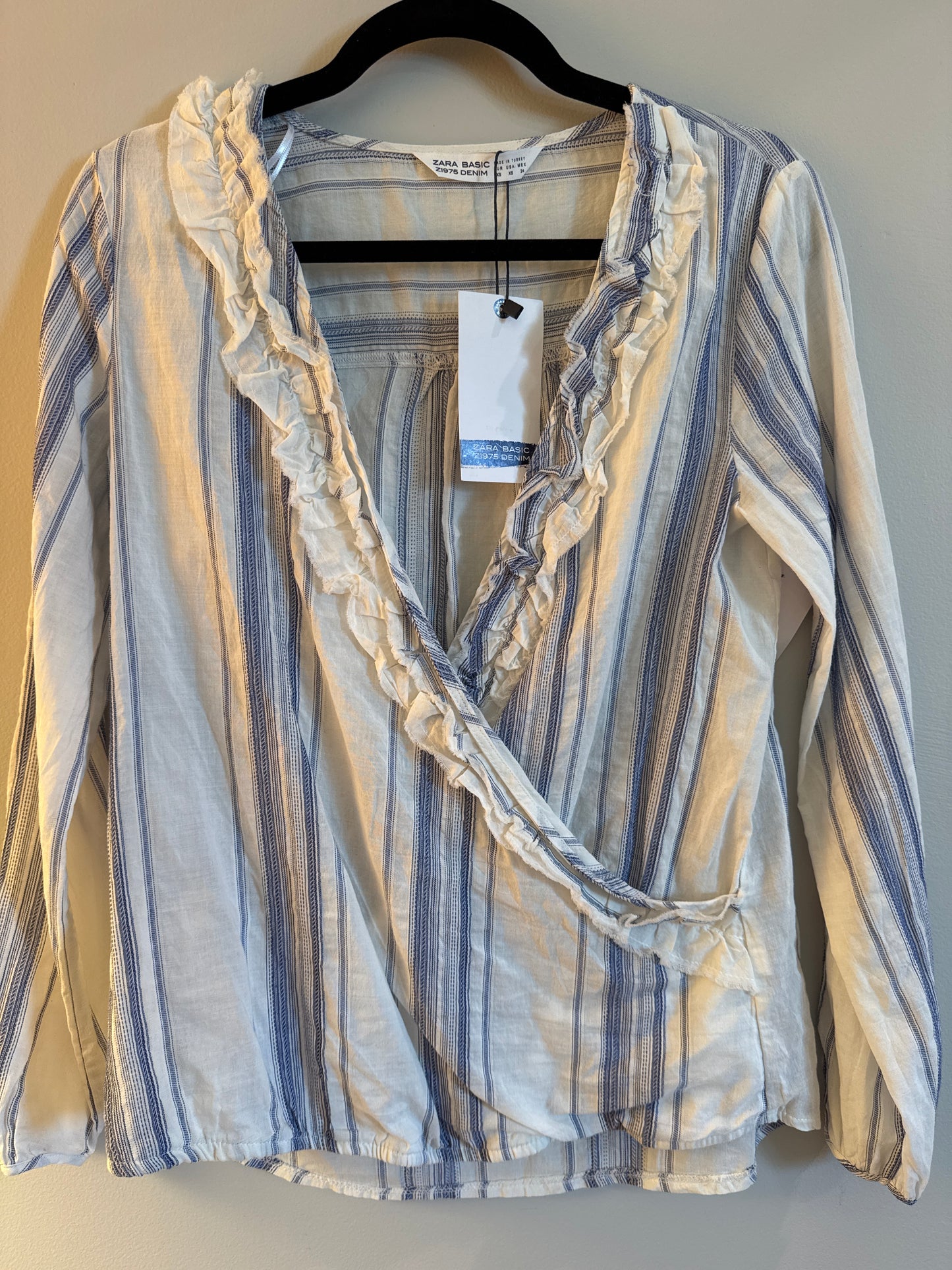 XS Zara Basics NWT Denim Striped Wrap Shirt