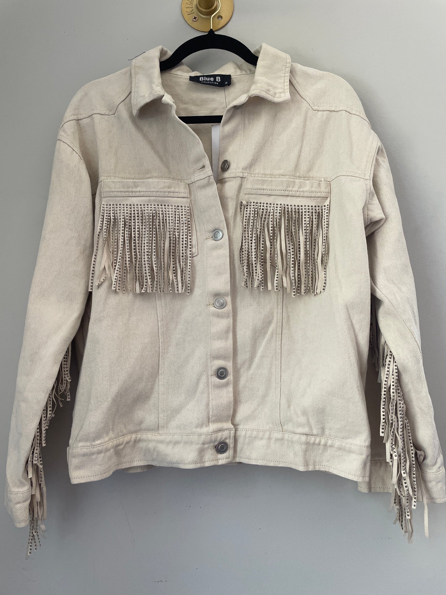 L NWT Cream Fringe Denim Jacket