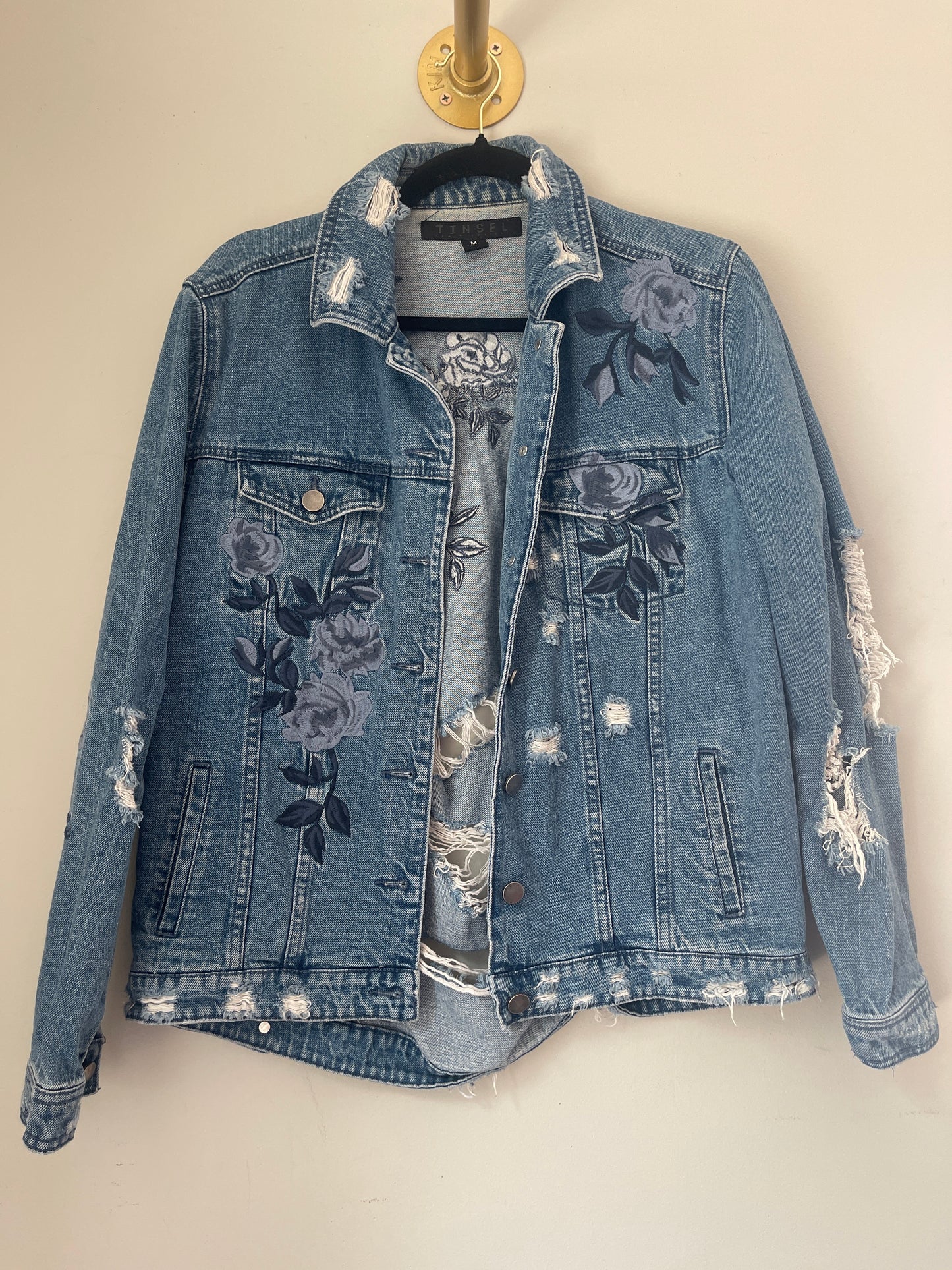 M Tinsel Floral Distressed Jean Jacket