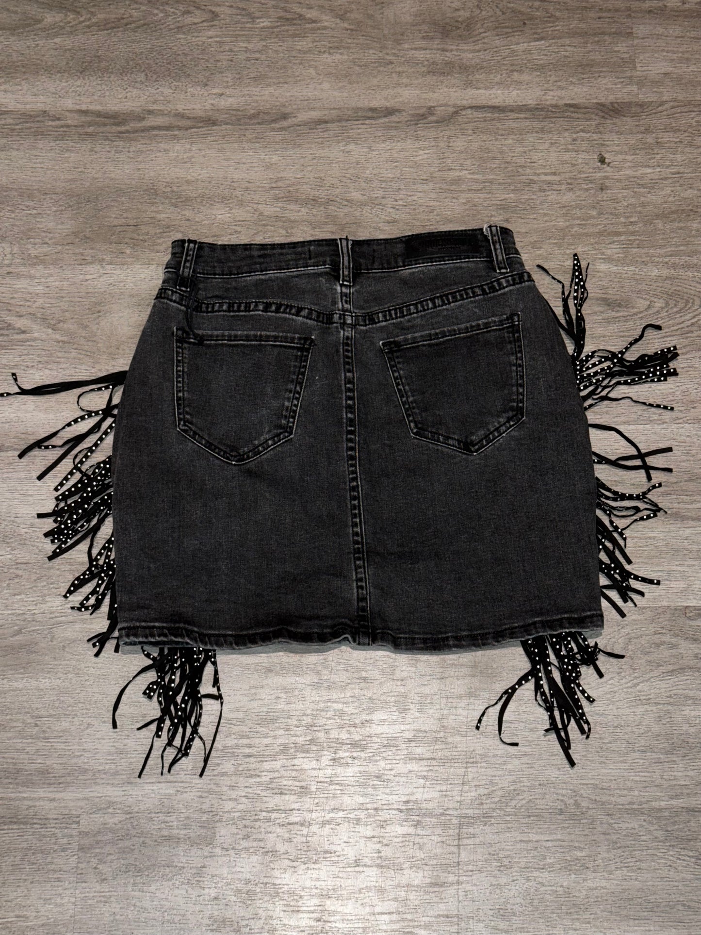 28 Rock & Roll Denim high-rise denim skirt featuring black fringe and studded detailing