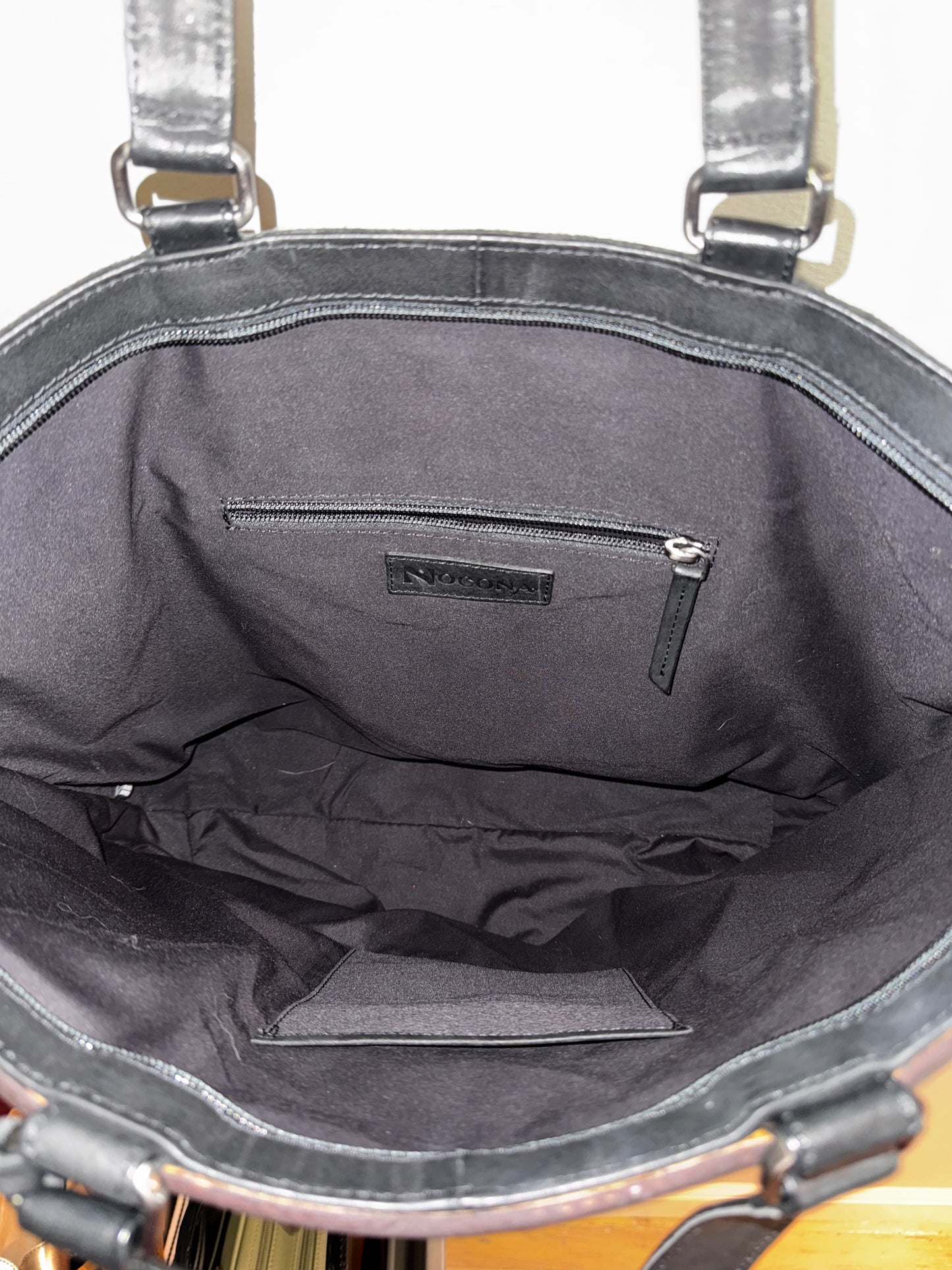 Nocona Stacey Black Leather Western Style Tote with a Floral Hand Tooled Yoke and Conceal Carry Feature