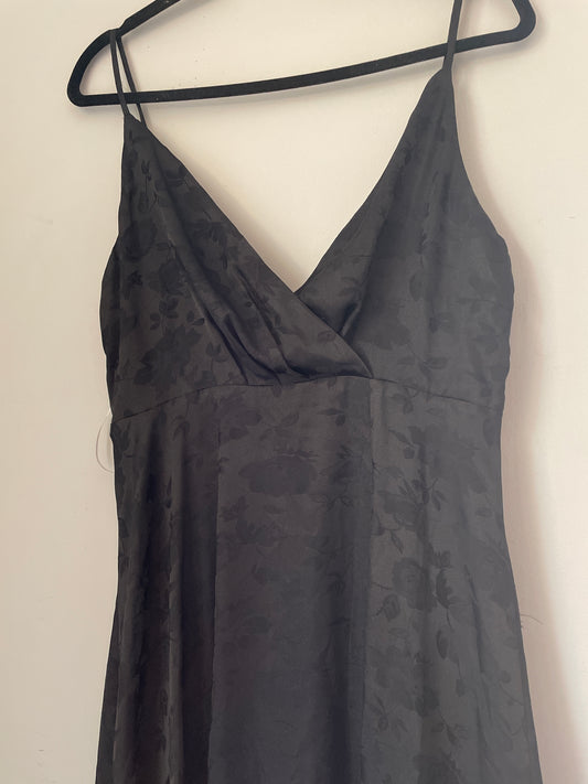 L Lulus Black Satin Floral Floor Length Dress