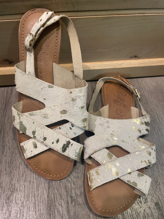 10 Naughty Monkey Metallic Cowhide Cross Strap Sandals – Cream