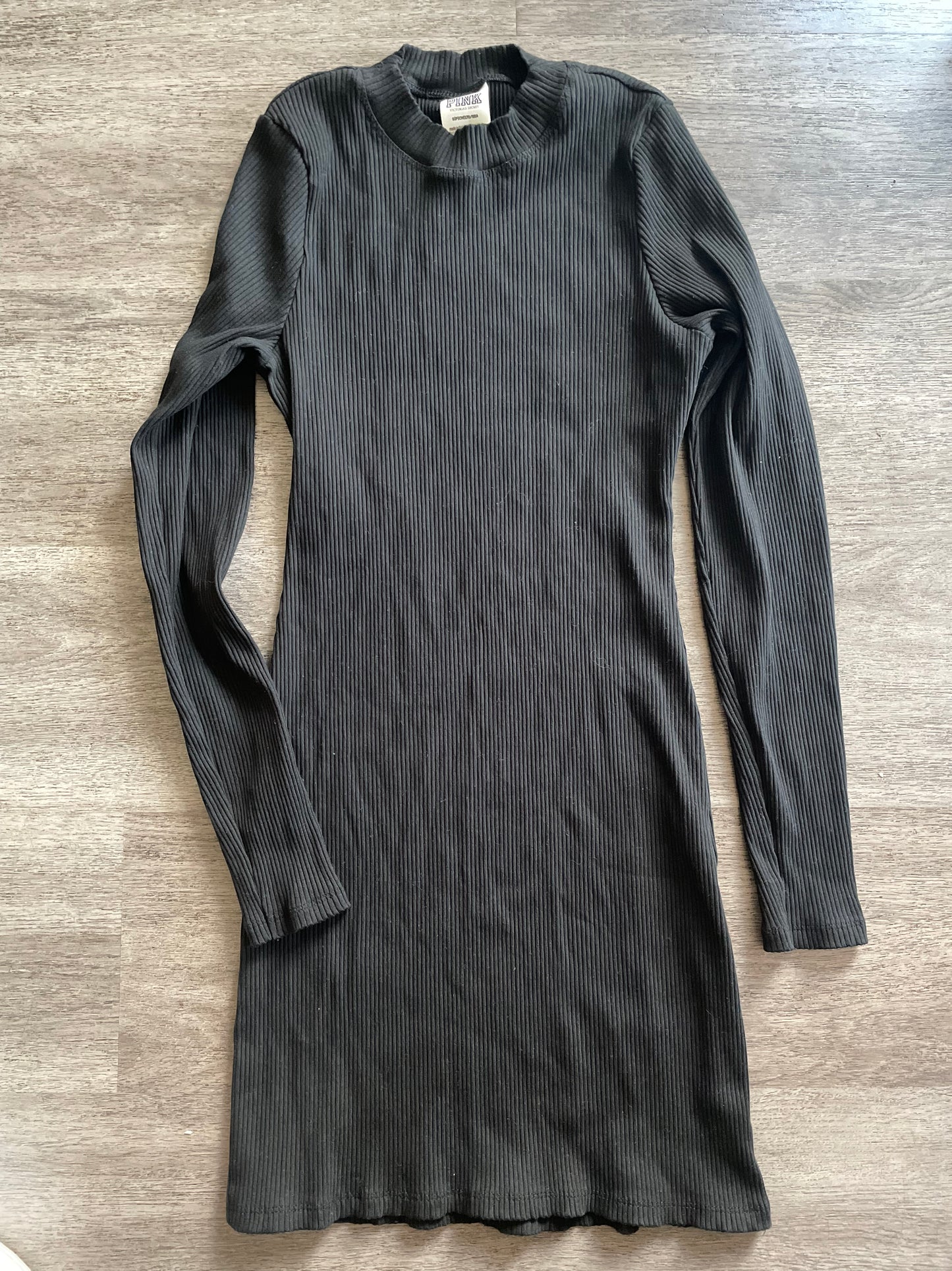 S PINK Black Ribbed Long Sleeve Bodycon Dress – Fitted Minimalist Midi