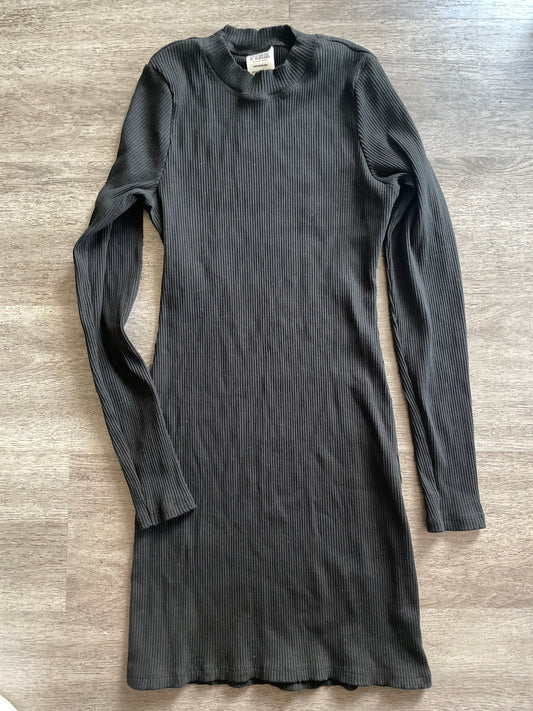 S PINK Black Ribbed Long Sleeve Bodycon Dress – Fitted Minimalist Midi