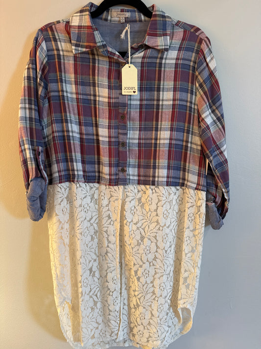 S Jodifl NWT Boho Plaid Tunic Top with Lace