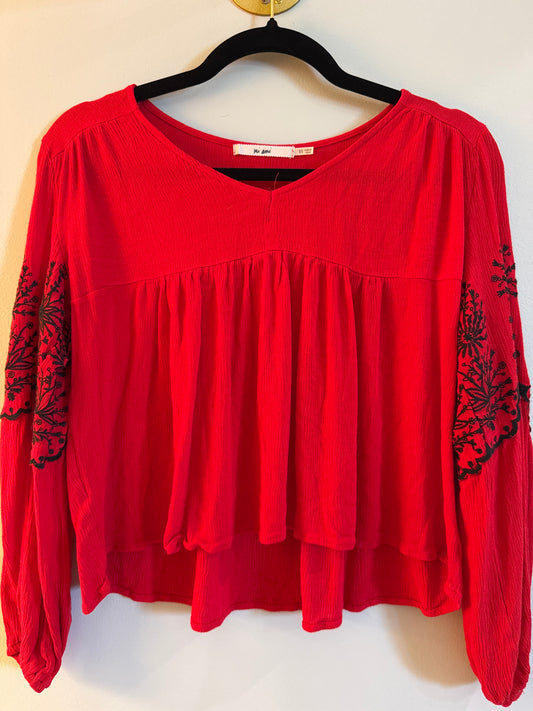 XS Mi Ami Red Flowy Top W/Embroidered Sleeves