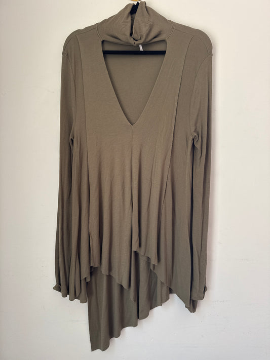 S Free People Olive Green Cut Out Front Tunic Top