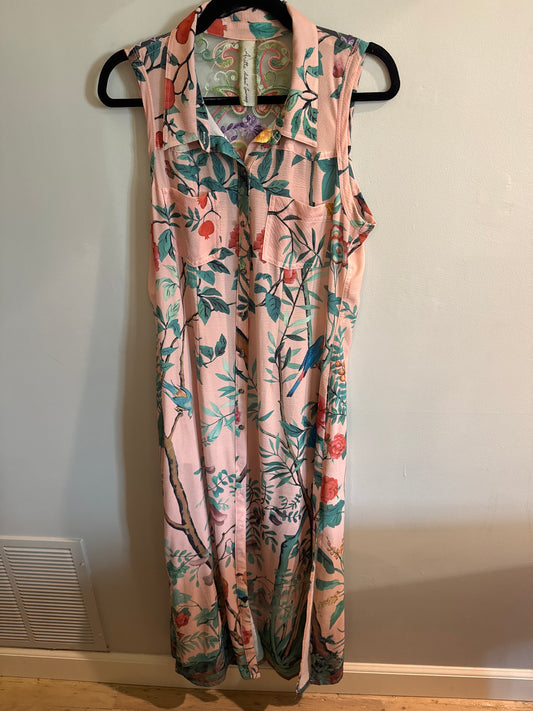 M Arratta Chinoiserie embroidered bird garden maxi shirt dress