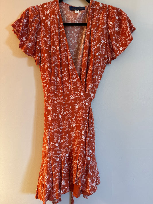 S Blue Rain Rust Floral Wrap Mini Dress