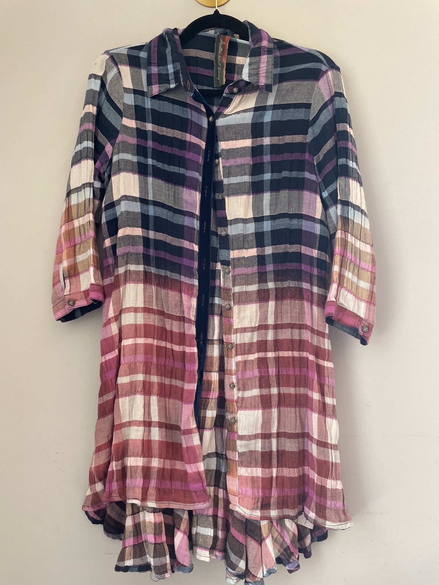 S Aratta Silent Journey Plaid Ombre Button Up Shirt Dress