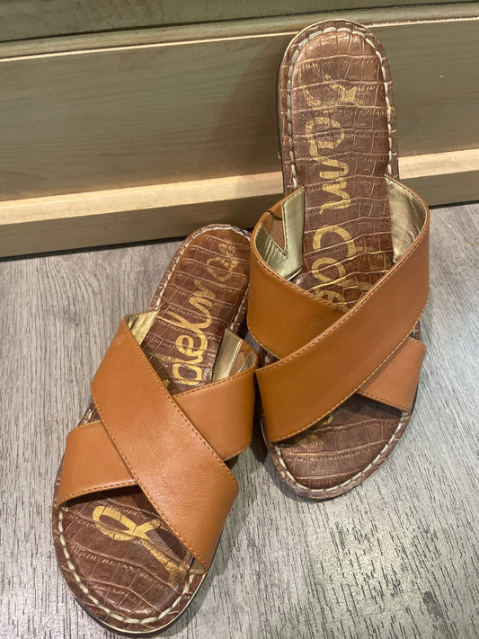 8 Sam Edelman Criss Cross Leather Slide Sandals – Cognac
