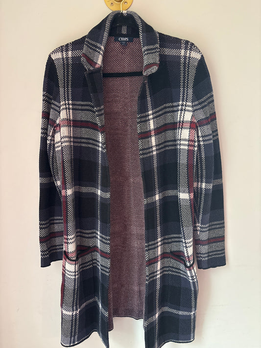 S Chaps Navy Red Plaid Women's Open Sweater Jacket