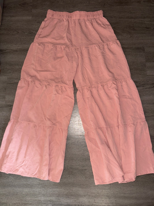 L Pink Linen Wide Leg Tiered Pants