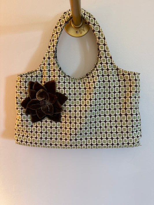 Green Plaid Brown Flower Purse