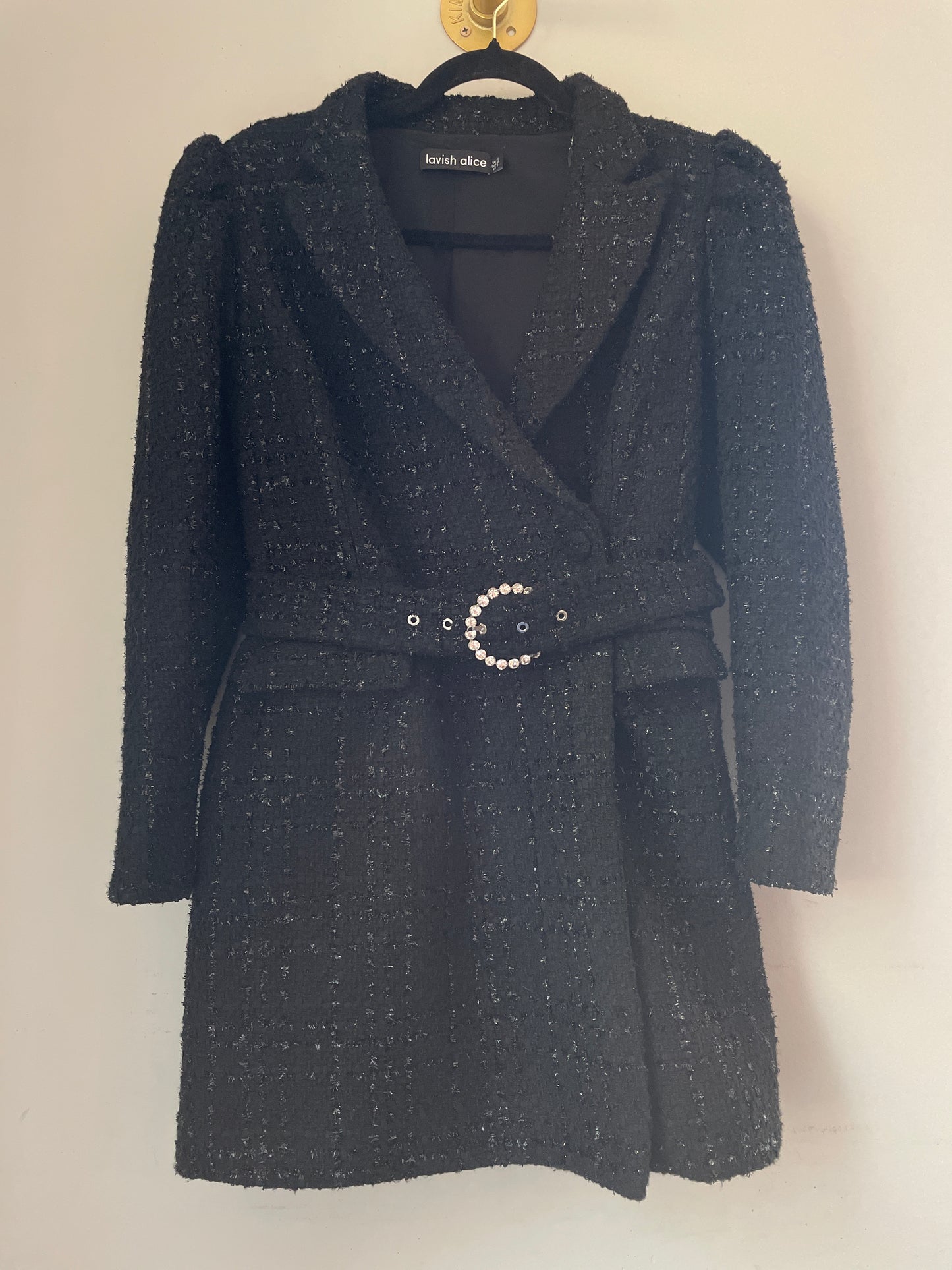 12 LAVISH ALICE Black Tweed Belted Blazer Coat Dress
