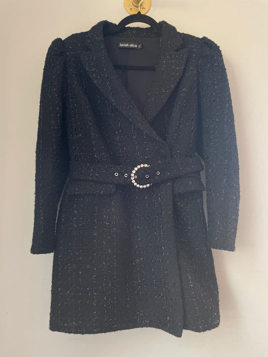 12 LAVISH ALICE Black Tweed Belted Blazer Coat Dress