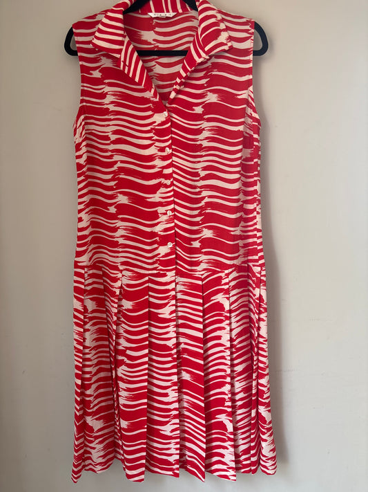 M Cabi Red + White Pleats Drop Waist Dress