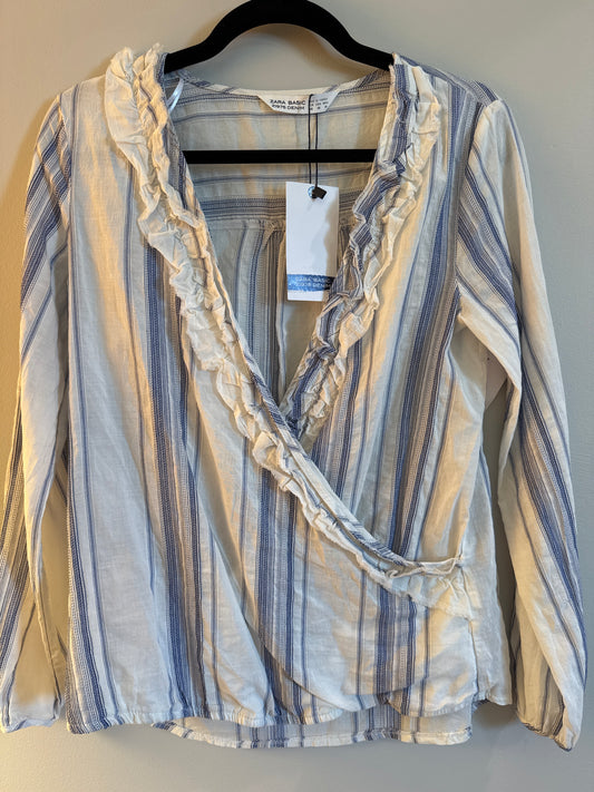 XS Zara Basics NWT Denim Striped Wrap Shirt