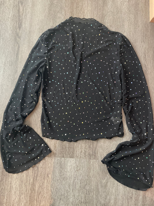 L Black Mesh Burnout Sequin Bell Sleeve
