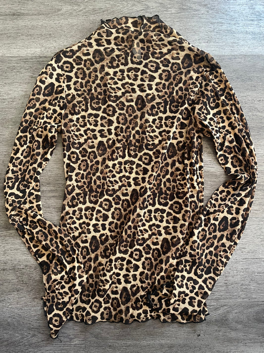 M Leopard Print Sheer Mesh Long Sleeve Top – Mock Neck Layering Top