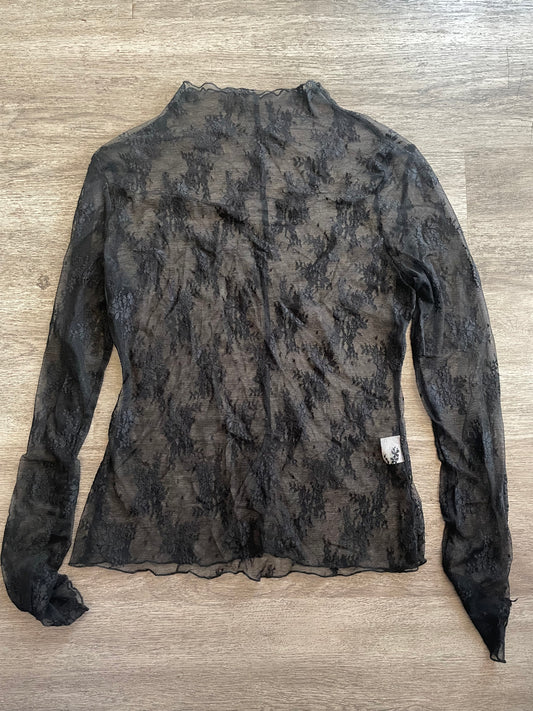 L Sheer Black Lace Long Sleeve Top – Mock Neck Layering Piece