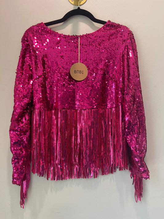 S NWT BiBi Pink Sequin + Fringe Crop