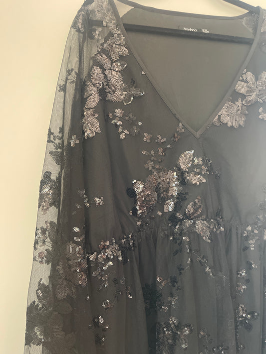20 boohoo Black Floral Sequin Dress Tunic / Dress