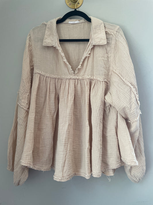 L ces femme Cream Linen Long Sleeve