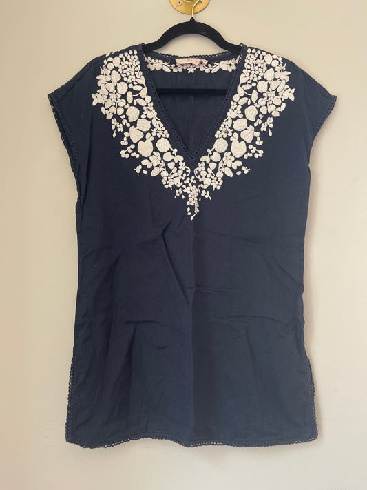 S Tory Burch Navy Embroidered Linen Tunic