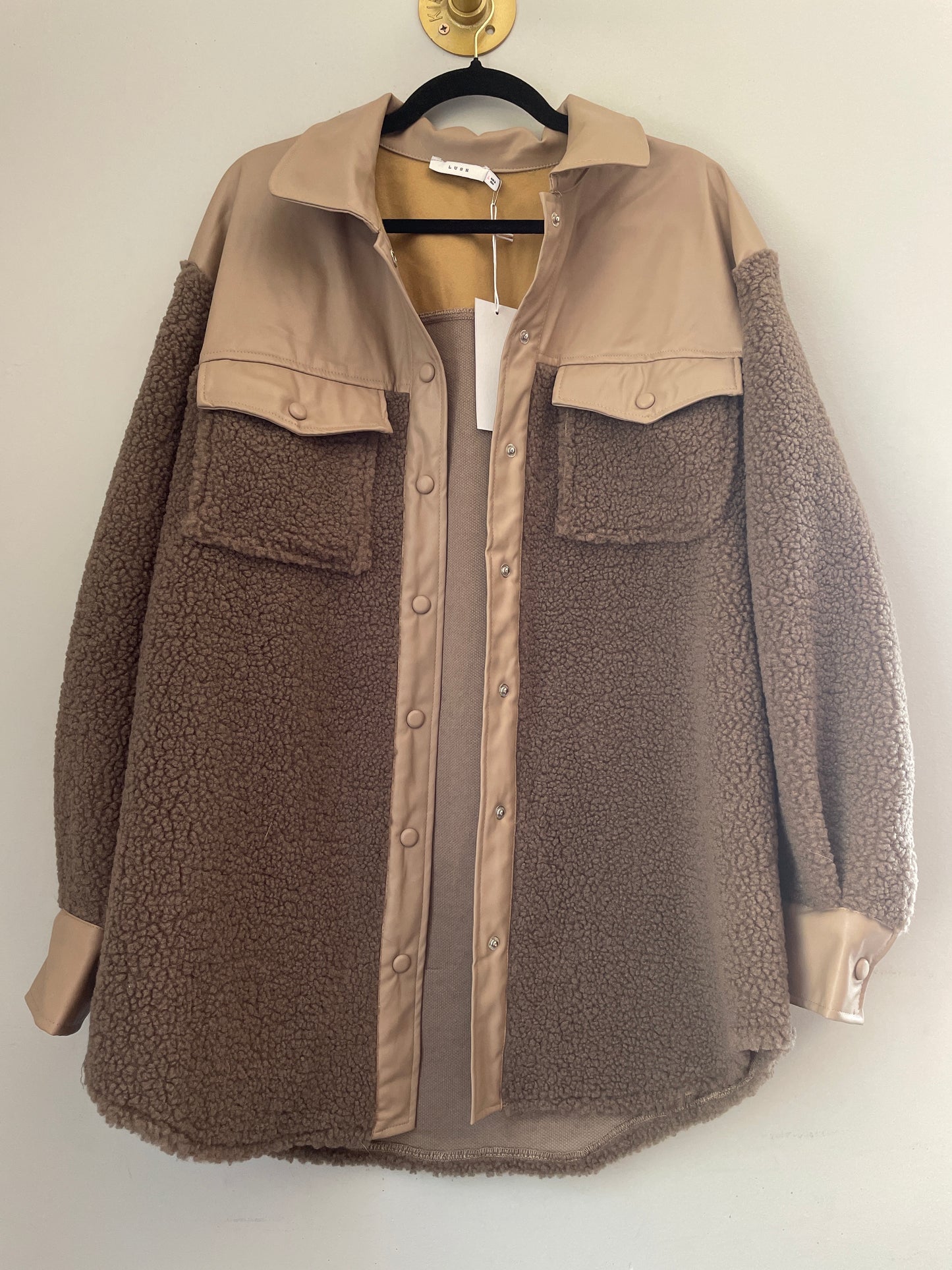 L NWT Brown Pleather + Sherpa Jacket