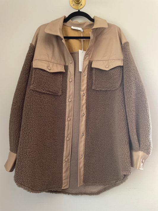 L NWT Brown Pleather + Sherpa Jacket