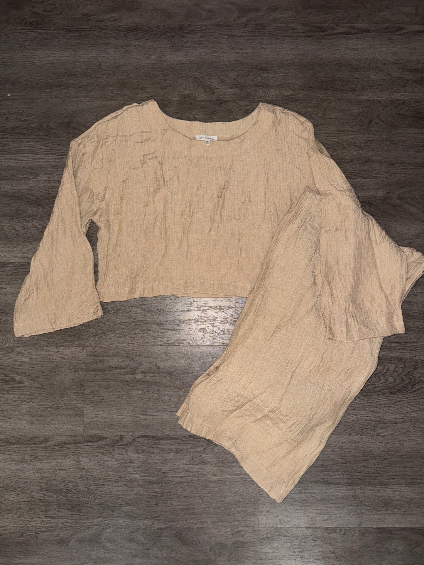 M/L Blu Pepper Tan Linen Wide Leg Pants Set (M Top L Bottoms)