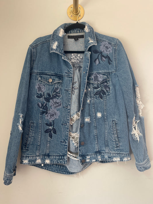 M Tinsel Floral Distressed Jean Jacket