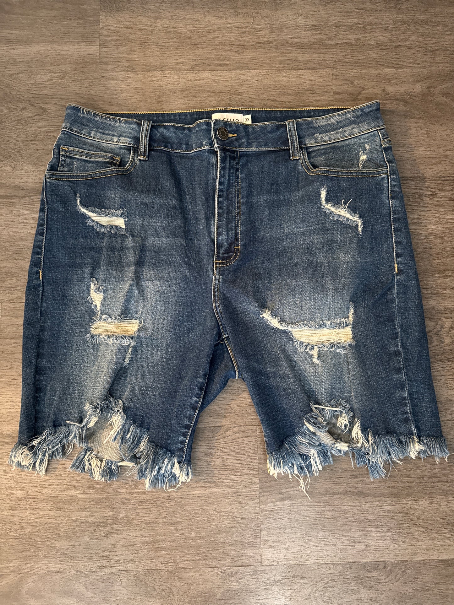 3X Ms. Cello Bermuda Dark Wash Distressed Denim Shorts