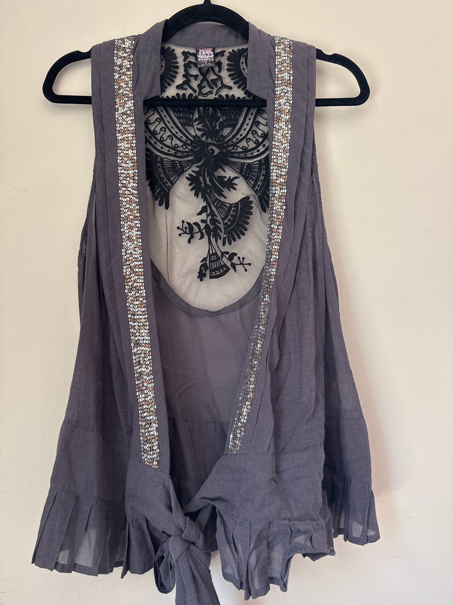 8 Free People Grey Coal Sleeveless Sequin Wrap Sheer Embroidered