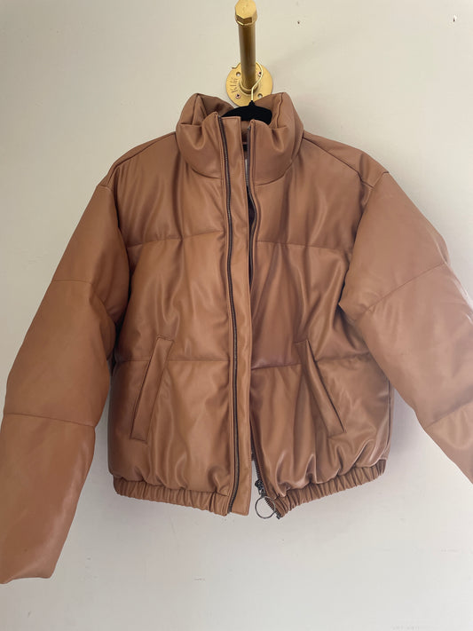 M altard state Brown Pleather Puffer Coat