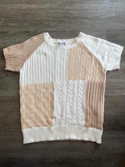 M Neutral Patchwork Knit Sweater – Short Sleeve Textured Colorblock Top