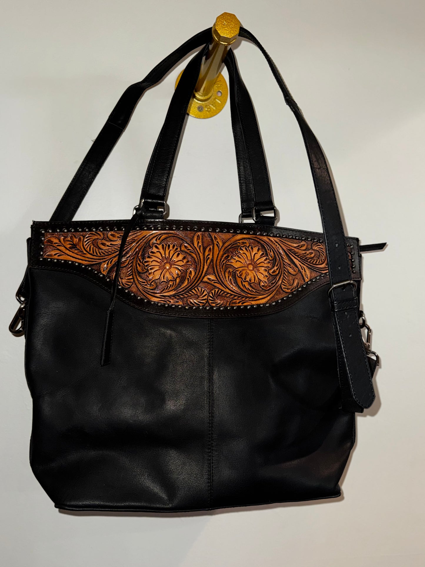 Nocona Stacey Black Leather Western Style Tote with a Floral Hand Tooled Yoke and Conceal Carry Feature