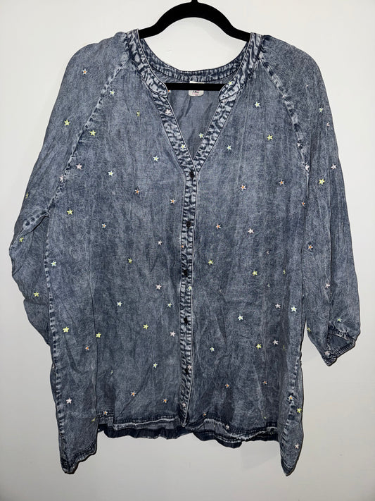 XL Like Love denim wash tiny flowered shirt