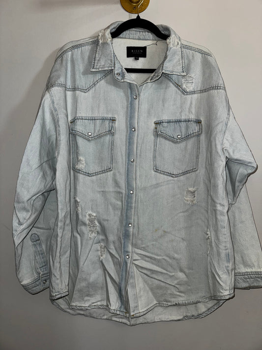 XL Risen distressed light wash denim western shirt
