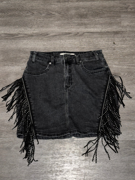 28 Rock & Roll Denim high-rise denim skirt featuring black fringe and studded detailing